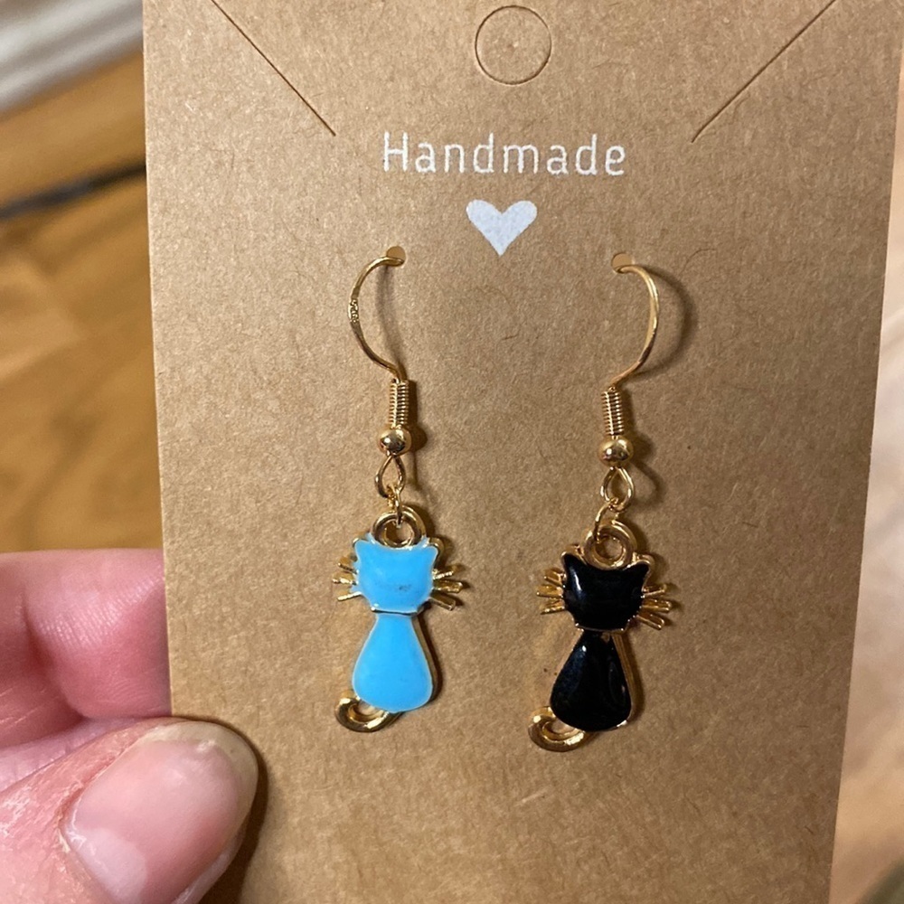 Blue Black  Cat Silhouette Dangle Earrings Homemade